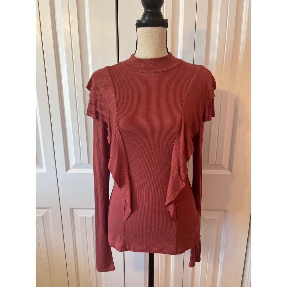 No Less Than Womens Rust Ribbed Mock Neck Ruffle Long Sleeve Top NLT-T174 Size M